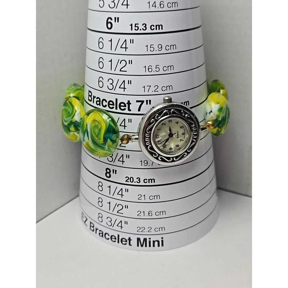 Womens Seiko Movement Lampwork Beaded Watch Bracelet Green Yellow Glass Art